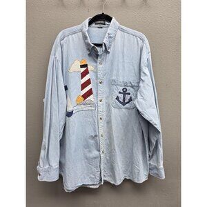 Vintage LA Loving Shirt Womens Large Denim Nautical Lighthouse Sailboat 90s